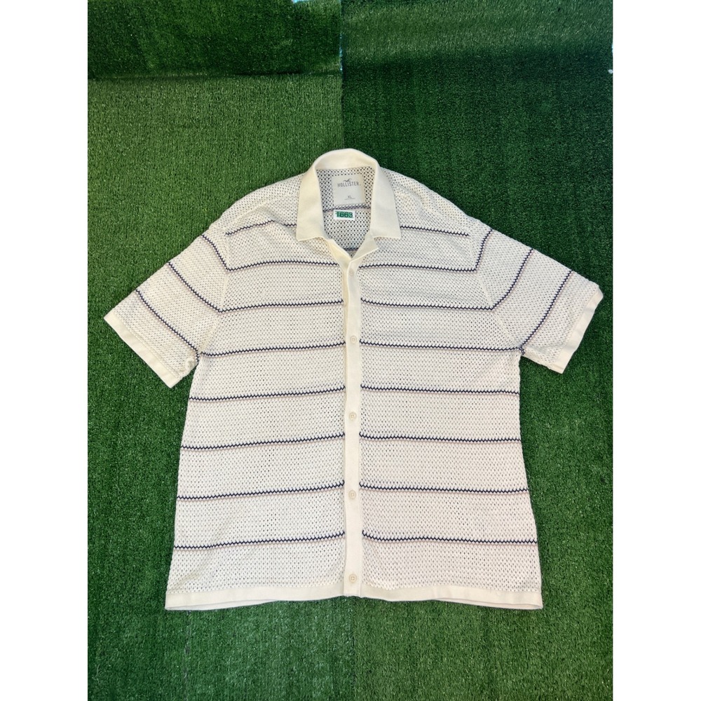 Hollister Mens XL Crochet Knit Button Up Shirt Off White Striped Short Sleeve